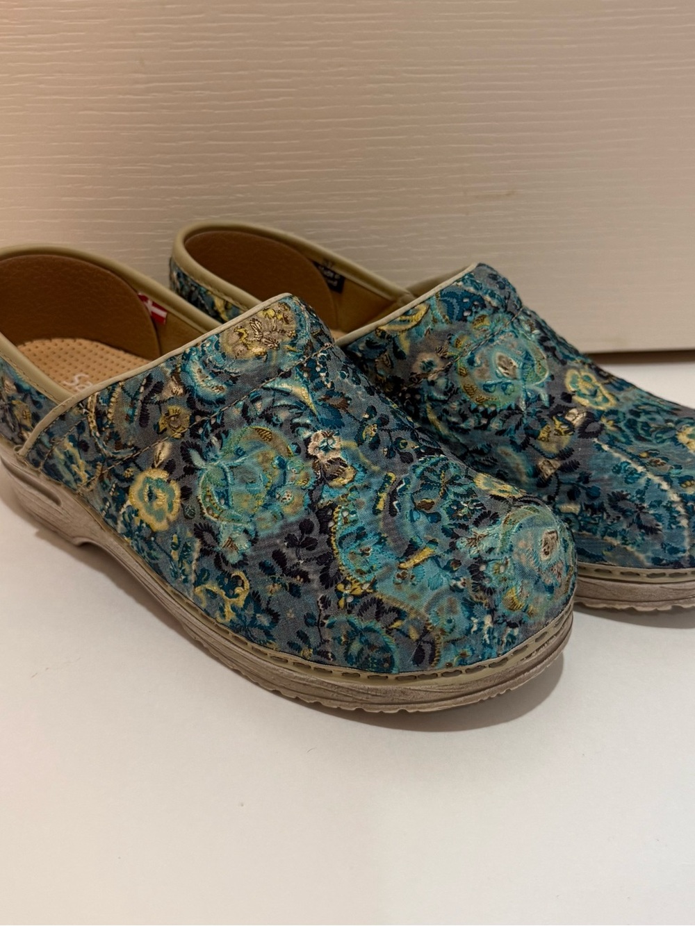 Sanita Floral Jacquard Teal Clogs